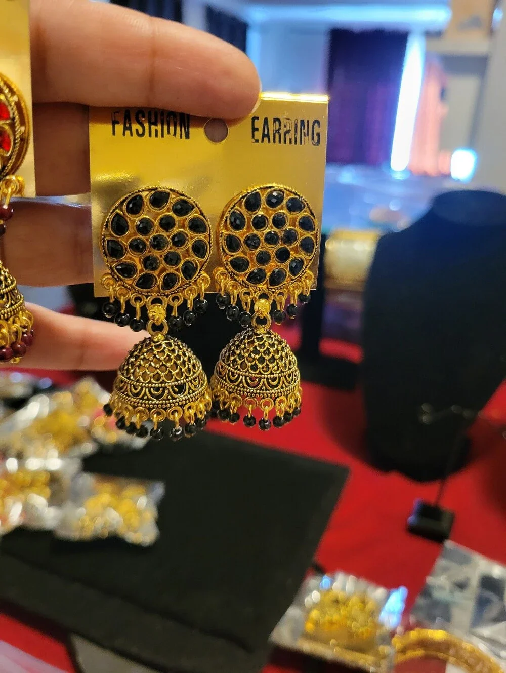 Gold-tone Black Stone Jhumka Earrings -